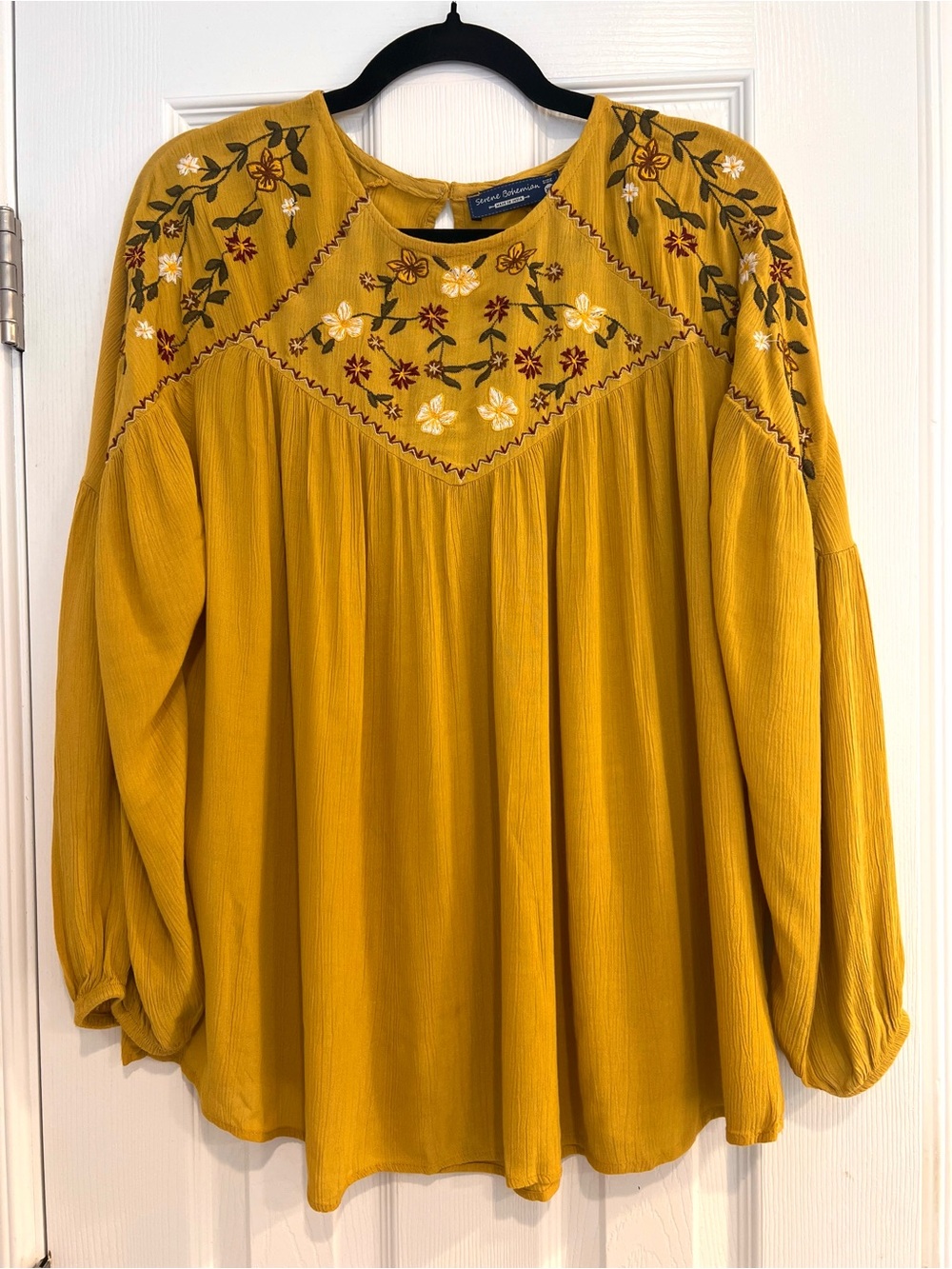 Embroidered Mustard Boho Floral Peasant Billowy Sleeves Romantic Flowy XL
